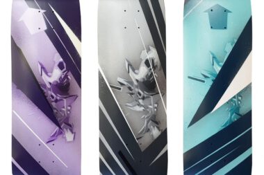 ''DAIM - all directions - grey- / purple- / turqoiseboard'' | Spraypaint on Skateboards | 2018 | © Mirko Reisser (DAIM) | Courtesy: Learn and Skate