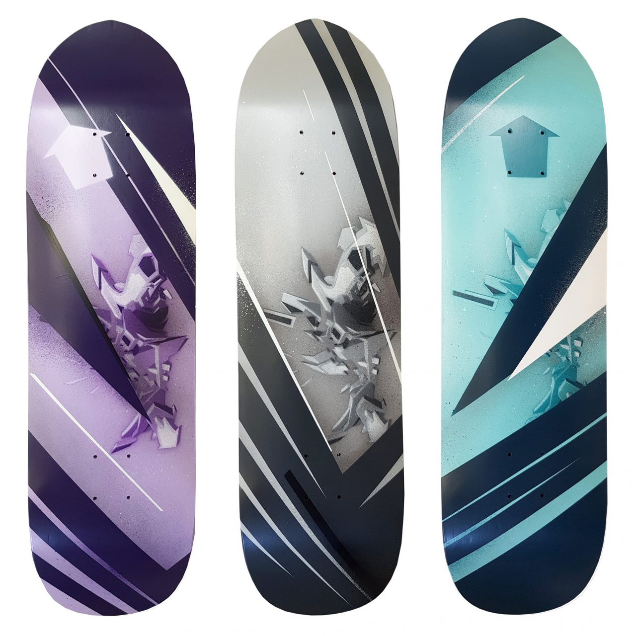 ''DAIM - all directions - grey- / purple- / turqoiseboard'' | Spraypaint on Skateboards | 2018 | © Mirko Reisser (DAIM) | Courtesy: Learn and Skate