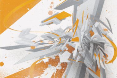 ''DAIMaround - Dynamic splash with orange'' | Spraypaint with 12 stencils on canvas | 50 x 40 x 4,5 cm / 19.6 x 15.7 x 1.7 inch | 2018 | Unikat variation | © Mirko Reisser (DAIM) | Photo: MRpro