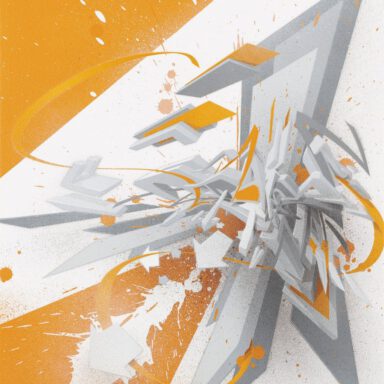 ''DAIMaround - Dynamic splash with orange'' | Spraypaint with 12 stencils on canvas | 50 x 40 x 4,5 cm / 19.6 x 15.7 x 1.7 inch | 2018 | Unikat variation | © Mirko Reisser (DAIM) | Photo: MRpro