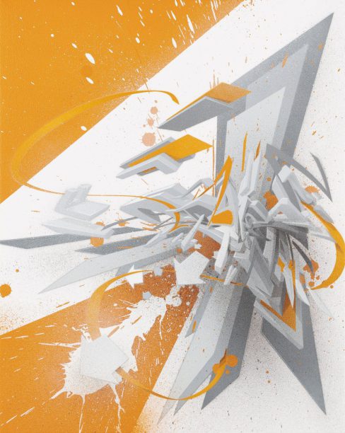 ''DAIMaround - Dynamic splash with orange'' | Spraypaint with 12 stencils on canvas | 50 x 40 x 4,5 cm / 19.6 x 15.7 x 1.7 inch | 2018 | Unikat variation | © Mirko Reisser (DAIM) | Photo: MRpro