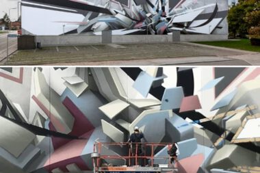 Mirko Reisser (DAIM) | ''DAIM - coming out Næstved'' | Spraypaint and facade paint on concrete wall | 7,6 x 41 m / 299.21 x 1614.17 inch | Næstved / Denmark | 2018 | © Mirko Reisser (DAIM) | Courtesy: NÆSTVED KUNSTBY | Photo: MRpro & Claus Pedersen